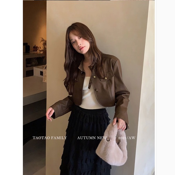 [Lined] American Motorcycle Stand Collar Brown Leather Jacket Women's Short  Autumn New Retro Jacket Brown