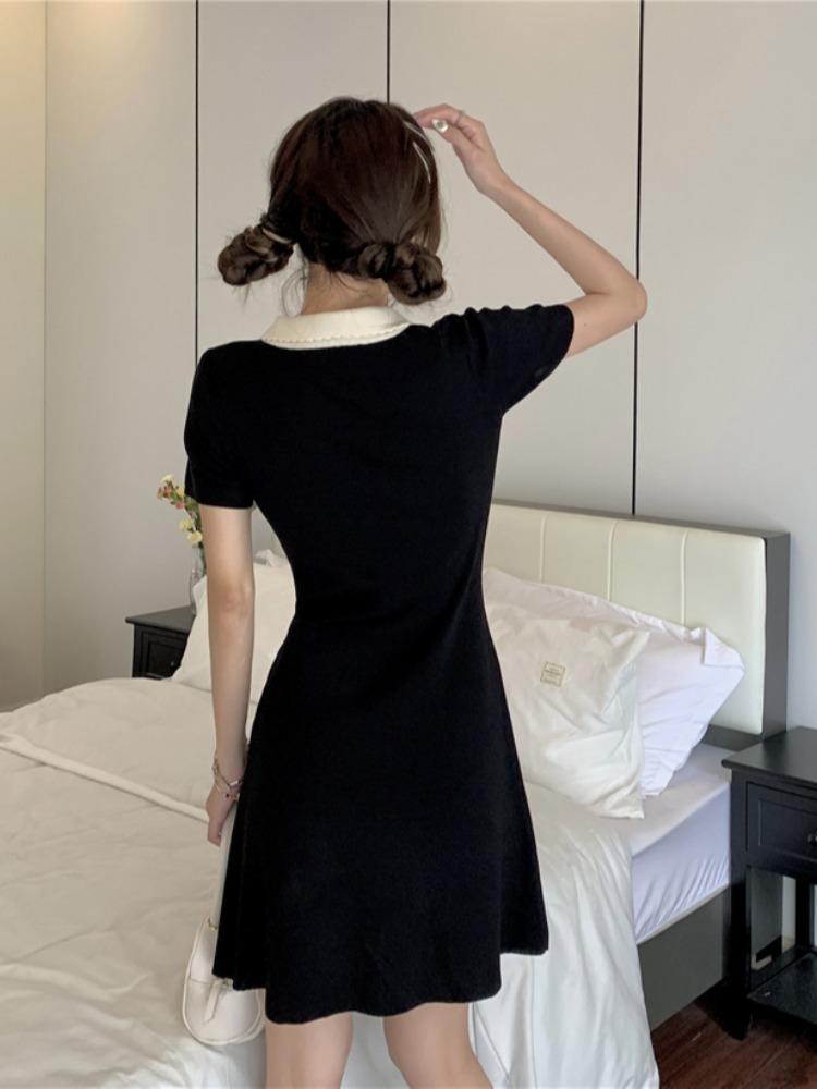 Contrast color polo collar knitted dress for women summer Hepburn style little black dress slim waist small A-line skirt