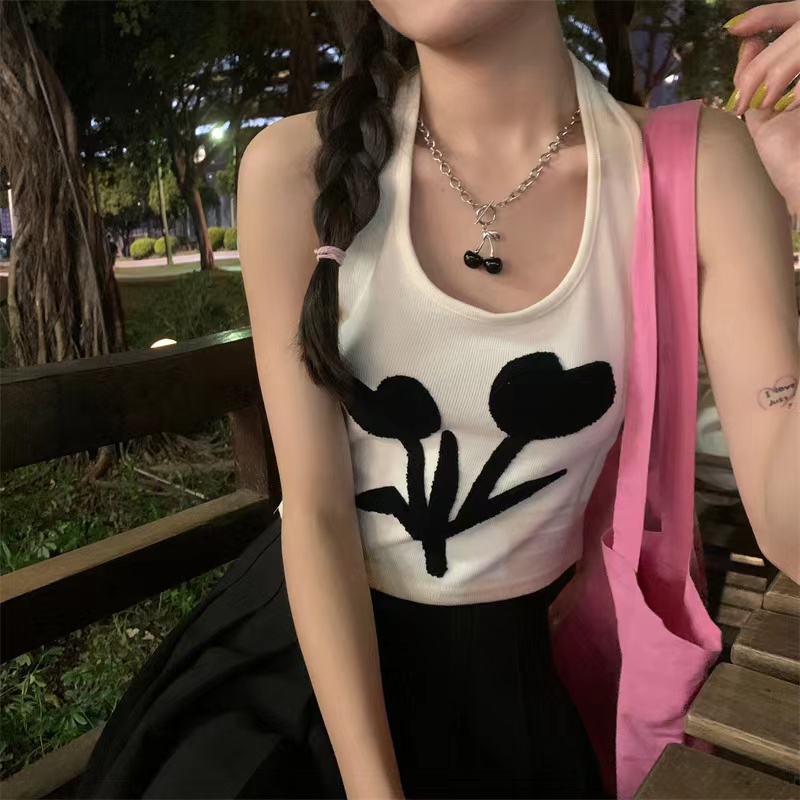 [Original Embroidery] #Hangneck embroidered vest for inner wear and outer wear 2024 sports summer new short tops for women