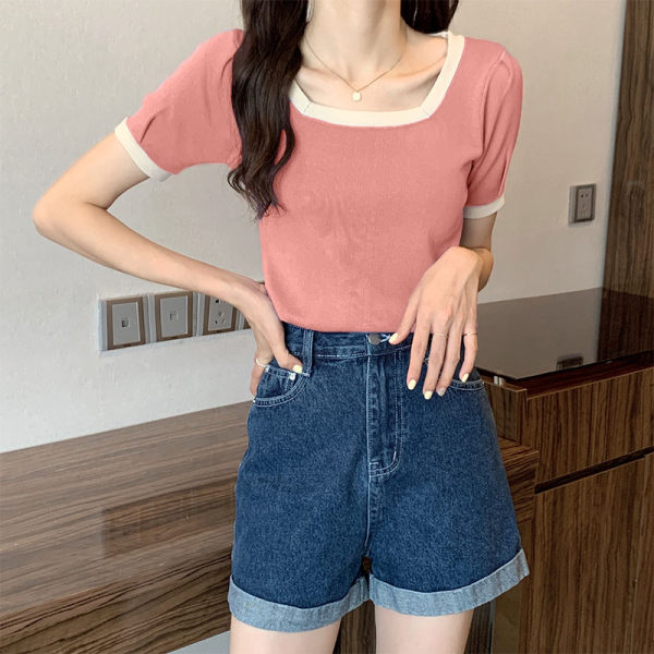 2024 new summer style chic color block square neck T-shirt thin short-sleeved ice silk sweater women's style short top ins