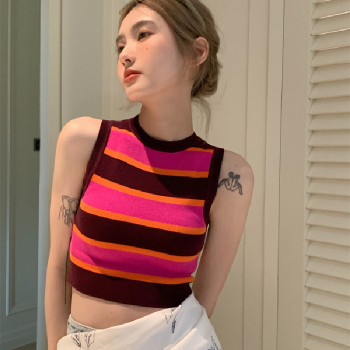 Striped knitted vest suspender women's summer 2024 new style inner and outer wear short sports sleeveless top ins trend