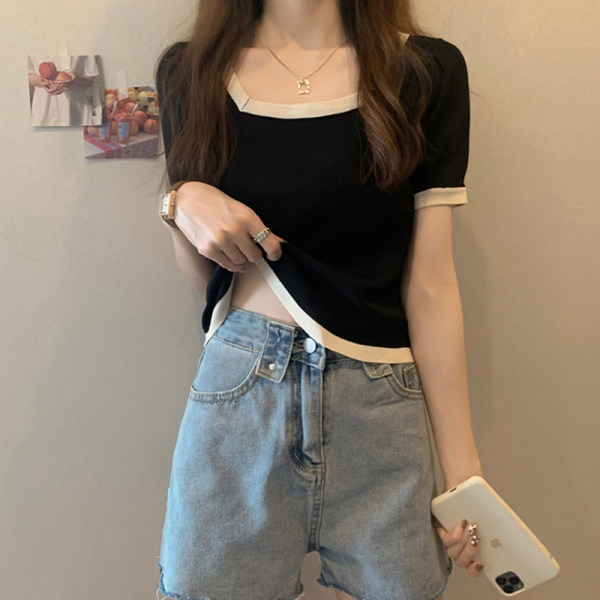 2024 new summer style chic color block square neck T-shirt thin short-sleeved ice silk sweater women's style short top ins