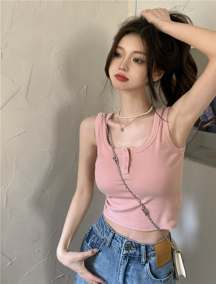 8294# Shipped Ribbed Pink Camisole Women's Inner Wear Outer Wear Beautiful Back Summer Sweet and Spicy Short Style