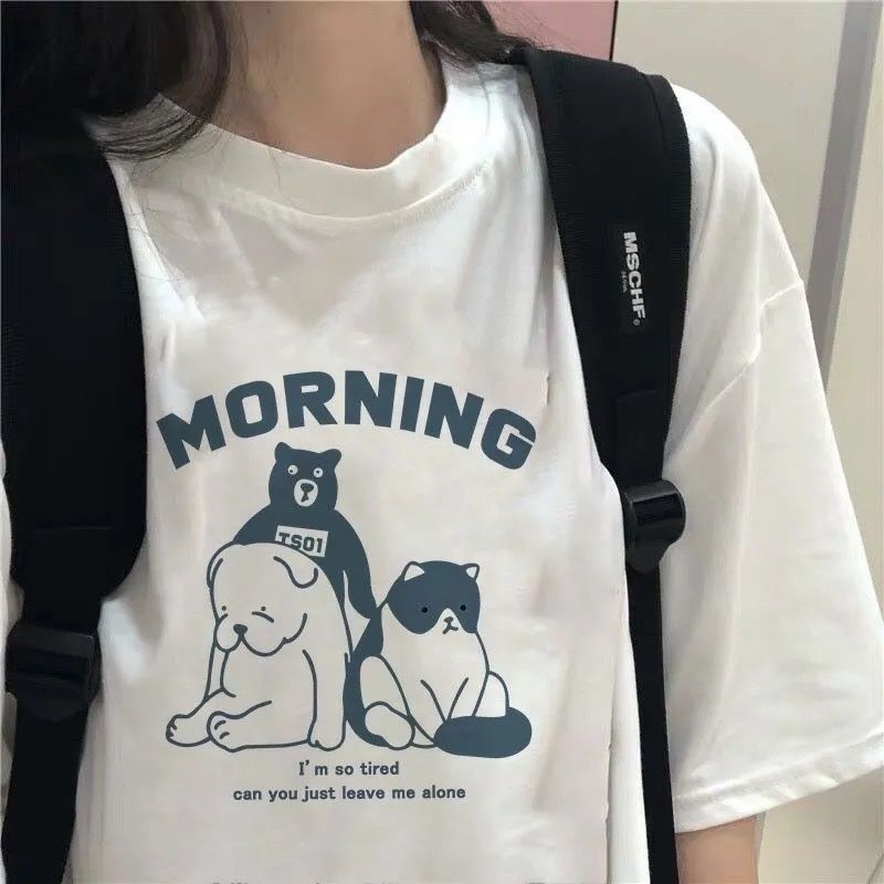 Cotton summer Korean bear print T-shirt women's short sleeved loose casual top