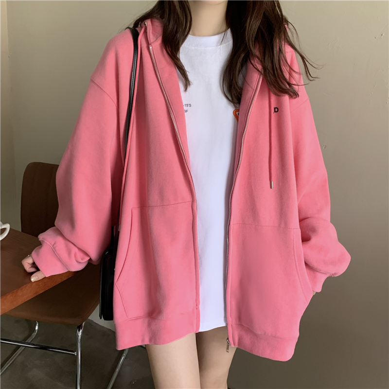 Hooded sweater women's loose Korean version early autumn new Hong Kong style solid color versatile cardigan jacket Long Sleeve Jacket thin spring