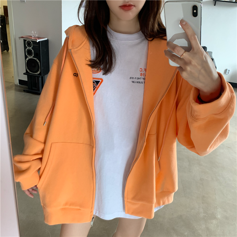 Hooded sweater women's loose Korean version early autumn new Hong Kong style solid color versatile cardigan jacket Long Sleeve Jacket thin spring