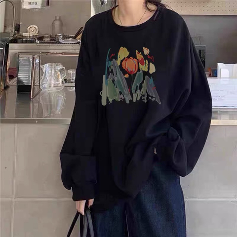 Thin section autumn sweater women loose round neck large size ins national trend American retro