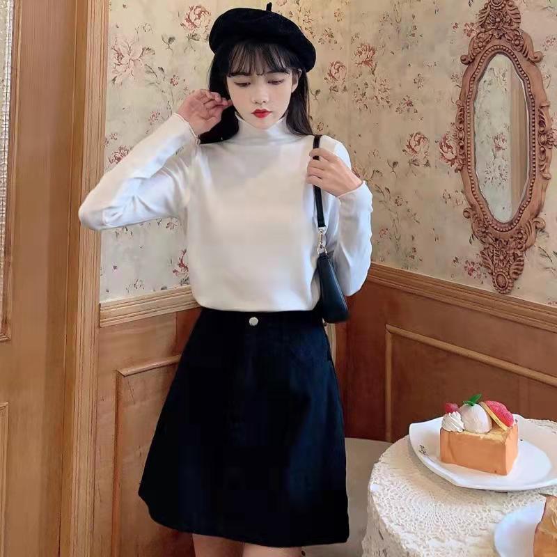 One piece / set autumn and winter bottoming shirt + medium and long suspender dress female student Korean loose two-piece set【