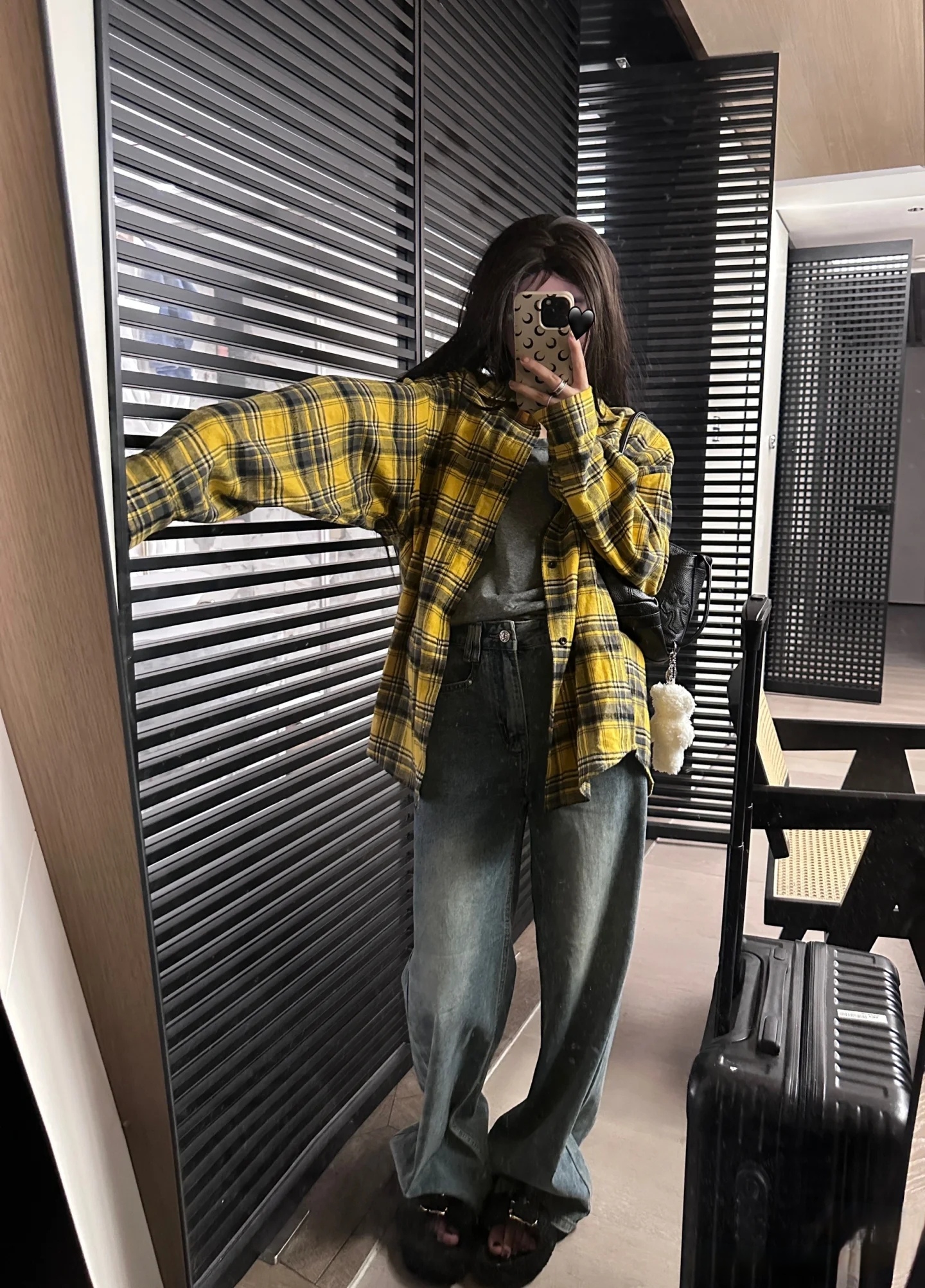 Loose long-sleeved outer top for women yellow plaid shirt spring and autumn new style French design niche temperament top