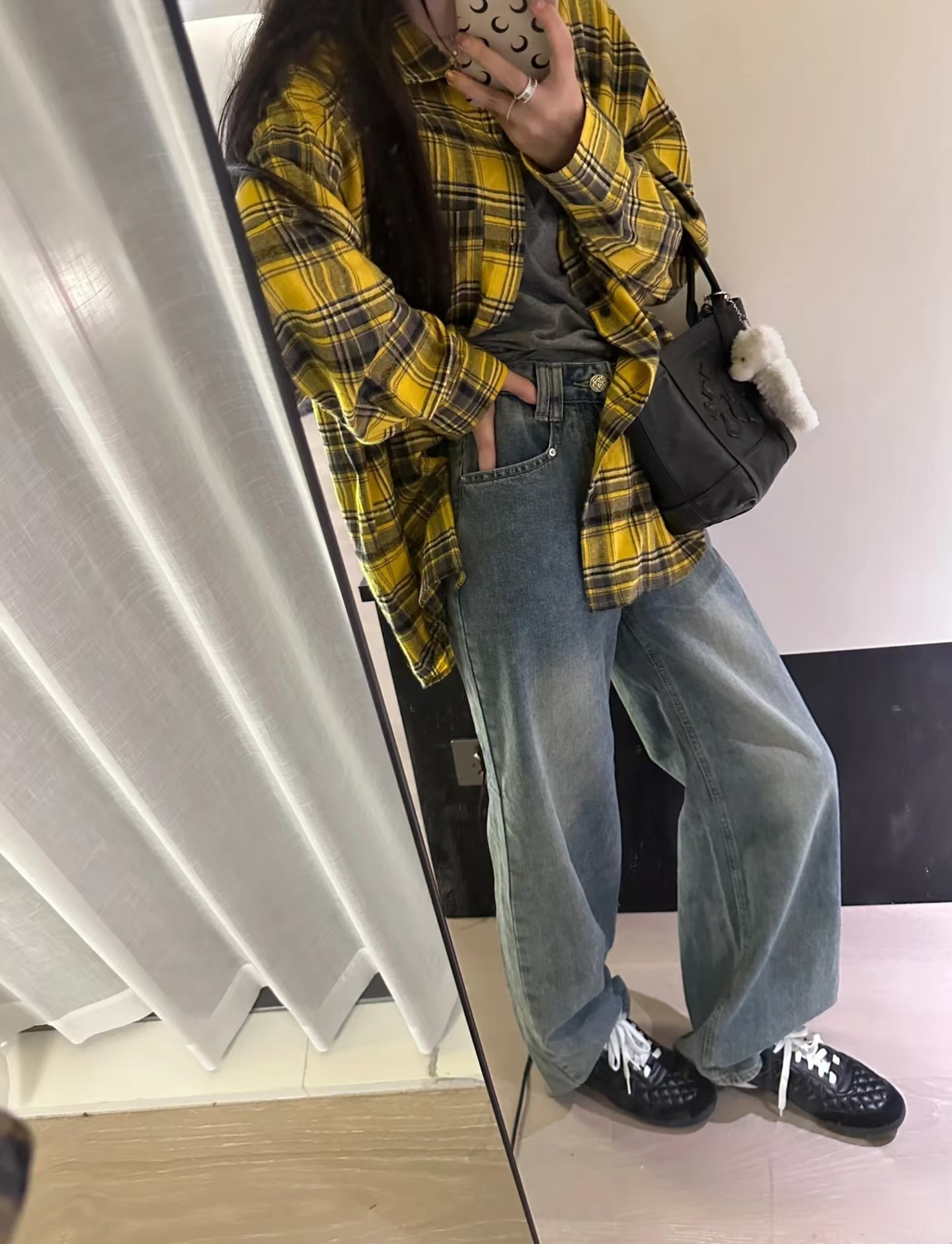 Loose long-sleeved outer top for women yellow plaid shirt spring and autumn new style French design niche temperament top