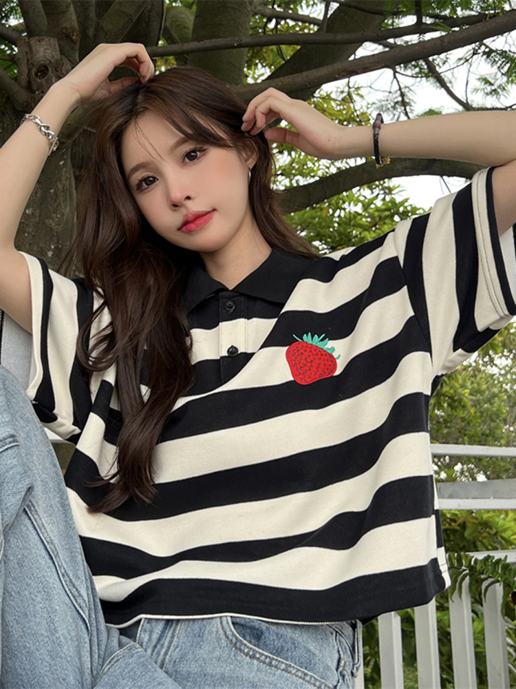 Polo neck stripe short sleeve T-shirt women's summer loose strawberry print versatile short top