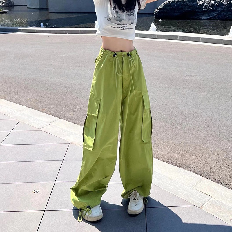 绿色工装裤女夏季美式街头排扣多口袋抽绳腰头设计直筒休闲裤潮牌