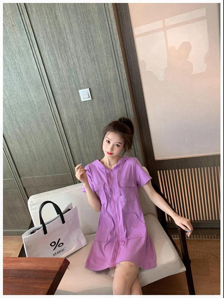 紫色连衣裙女2021年新款夏装韩版收腰小个子显瘦气质短袖t恤裙子 