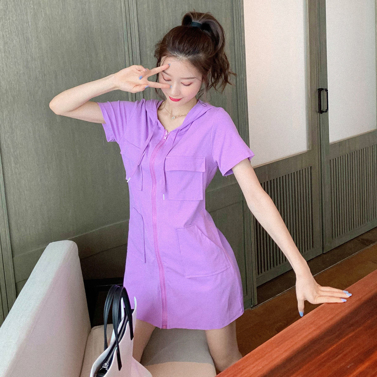 紫色连衣裙女2021年新款夏装韩版收腰小个子显瘦气质短袖t恤裙子 