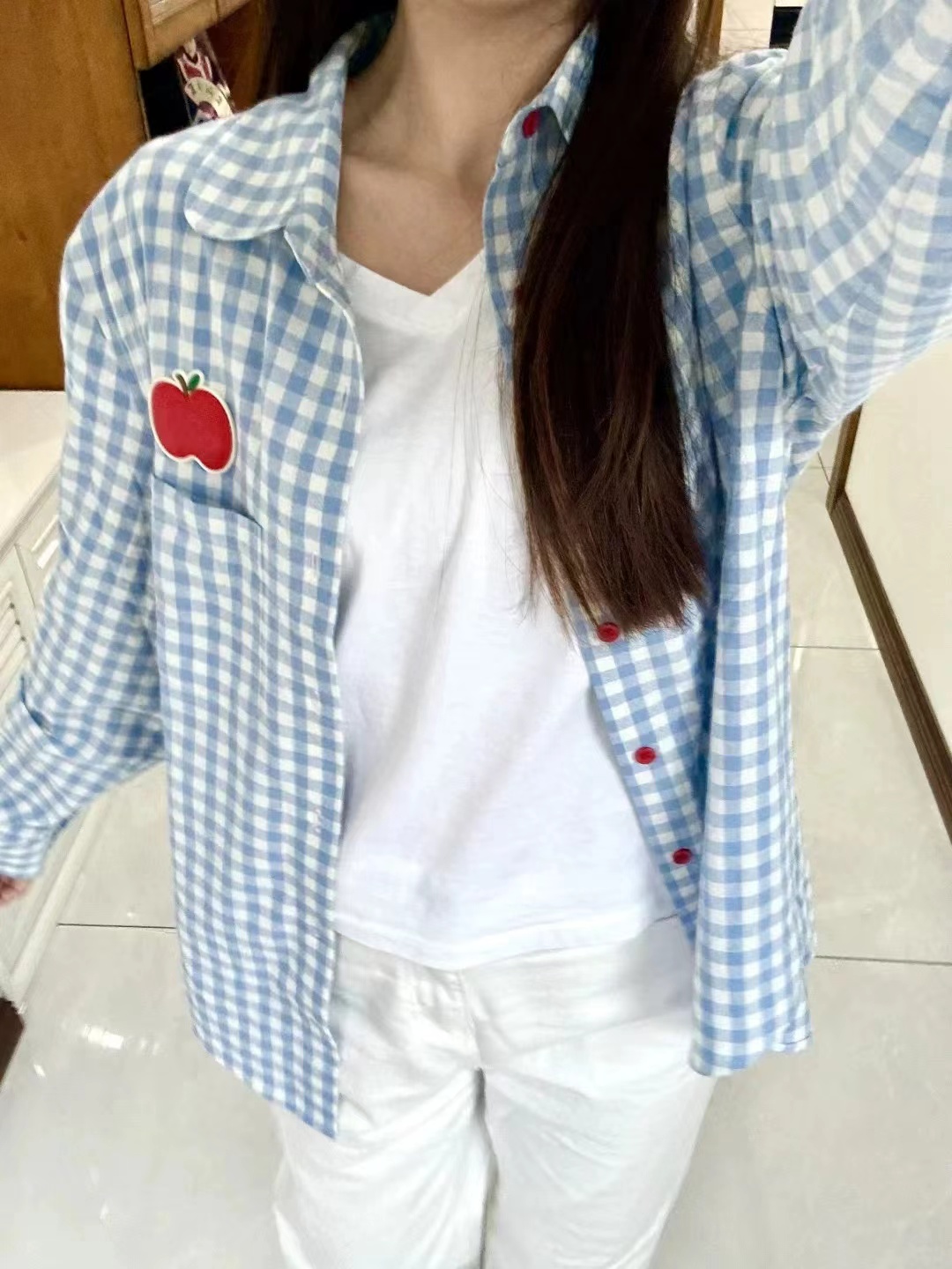 (original quality of pure cotton) blue plaid long-sleeved shirt for women spring and summer new style