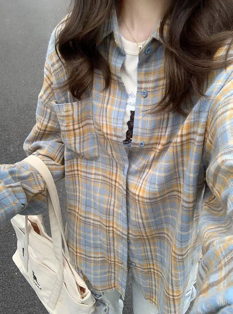 (Pure cotton original quality) 2024 new spring and autumn thin long-sleeved shirt women's plaid jacket