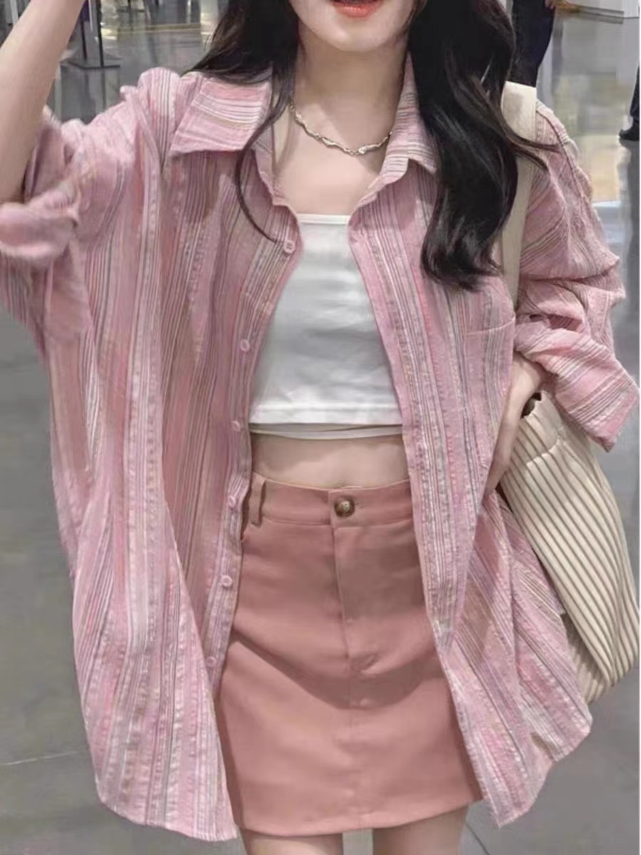 (Original quality) Summer thin sun protection shirt women's long-sleeved loose mid-length striped shirt jacket