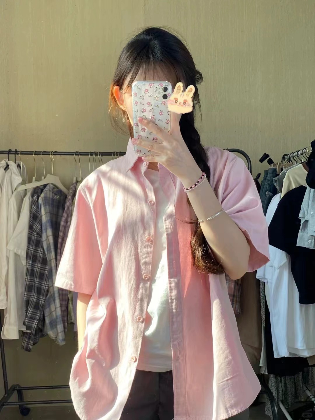 (Pure cotton original quality) Pink short-sleeved shirt for women summer thin loose niche design basic color