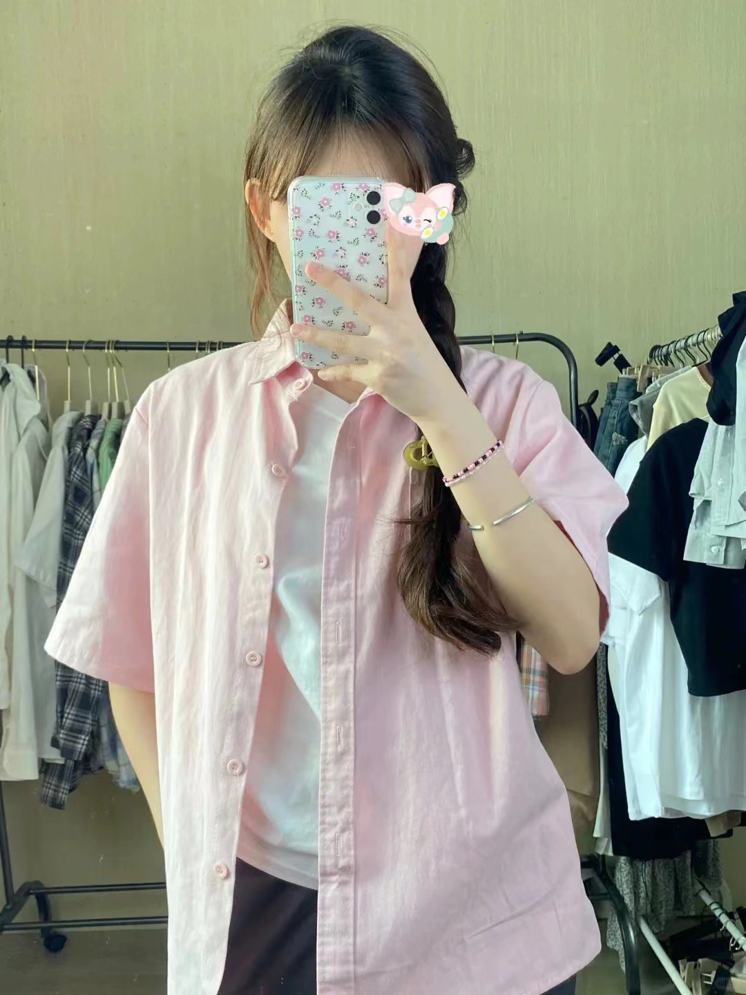 (Pure cotton original quality) Pink short-sleeved shirt for women summer thin loose niche design basic color