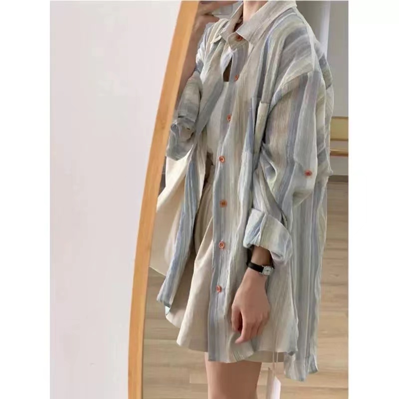 (original quality of pure cotton) French sfumato striped Tencel long-sleeved shirt for women's summer outerwear