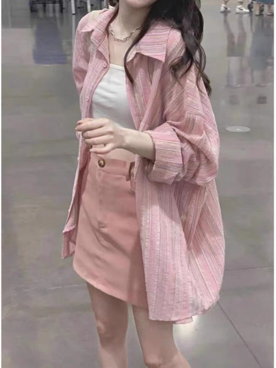 (Original quality) Summer thin sun protection shirt women's long-sleeved loose mid-length striped shirt jacket