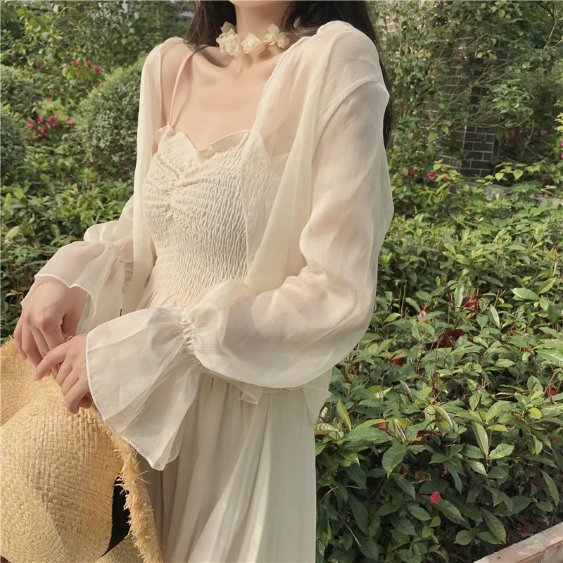 New summer sun protection clothing for female students, chiffon shirt, fairy cardigan, long-sleeved shawl with suspenders, thin outer air-conditioning shirt