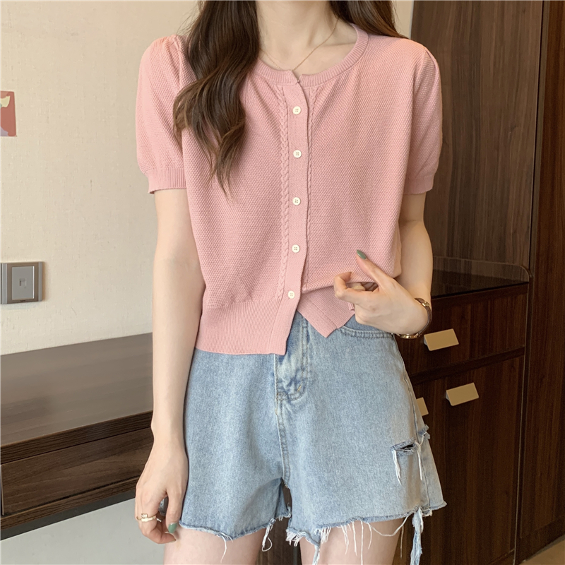 Summer new versatile round neck short-sleeved t-shirt women's short simple single-breasted thin knitted cardigan top