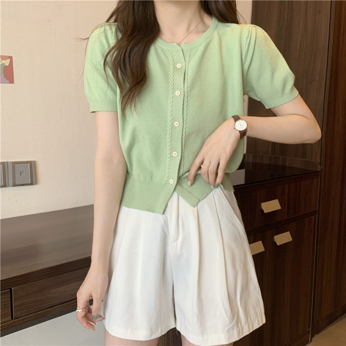 Summer new versatile round neck short-sleeved t-shirt women's short simple single-breasted thin knitted cardigan top