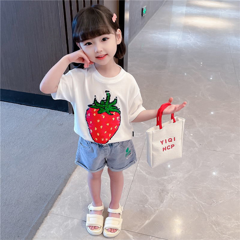 [two color beads] 100% cotton color changing strawberry Sequin T-shirt summer loose casual boys and girls