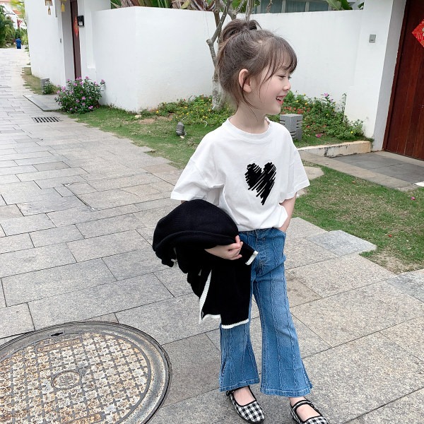 Summer new girls cotton short sleeve children's foreign-style round neck T-shirt baby Korean love coat