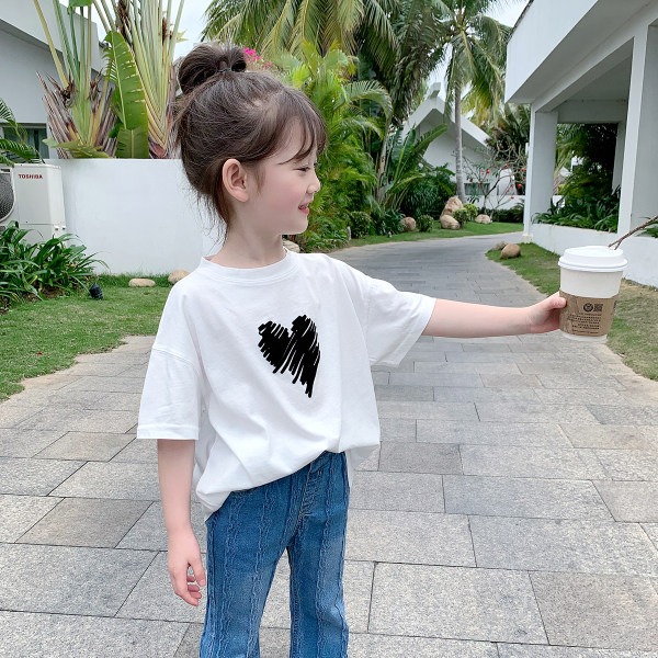 Summer new girls cotton short sleeve children's foreign-style round neck T-shirt baby Korean love coat