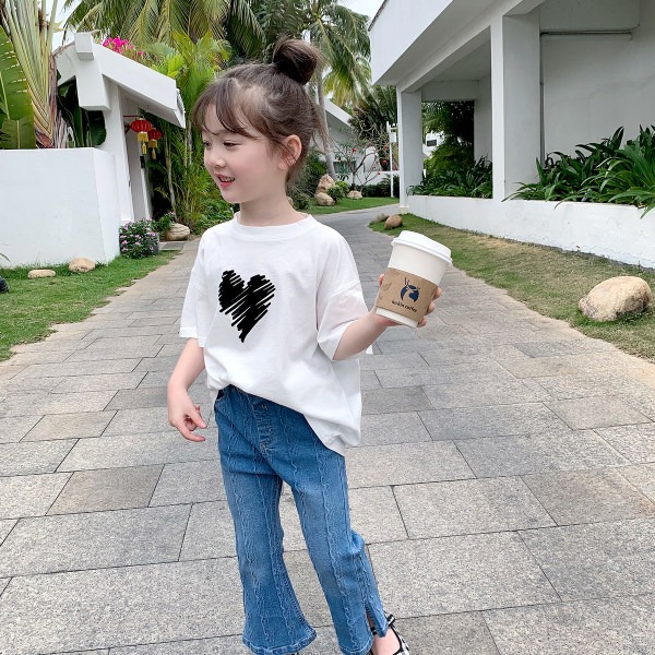 Summer new girls cotton short sleeve children's foreign-style round neck T-shirt baby Korean love coat