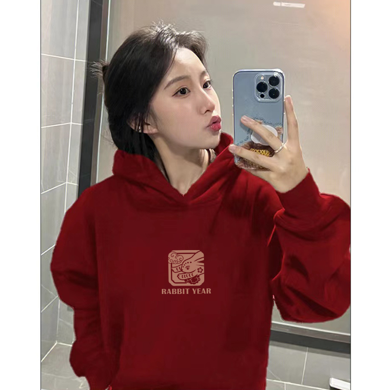 Exclusively for Tmall [Chinese cotton composite silver fox velvet] New Year animal year rabbit print red sweatshirt