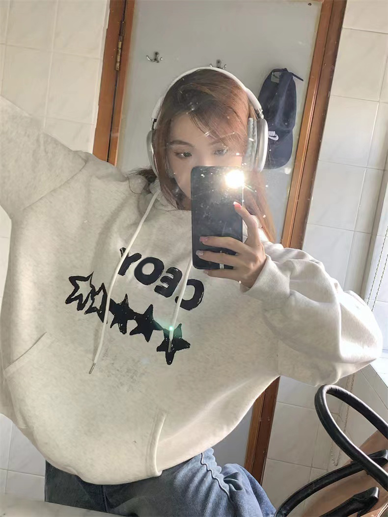 Exclusively for Tmall [Chinese cotton composite silver fox velvet] autumn and winter letter star printed loose sweatshirt