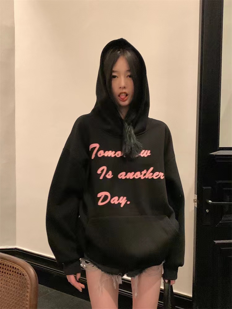 Exclusively for Tmall [Chinese Cotton Composite Silver Fox Velvet] Autumn and Winter Letter Printed Loose Hooded Sweatshirt