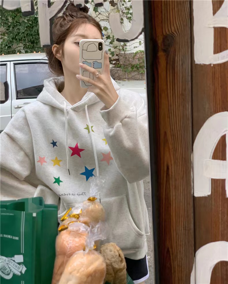 Exclusively for Tmall [Chinese cotton composite silver fox velvet] autumn and winter star printed hooded loose sweatshirt