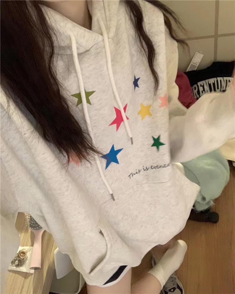 Exclusively for Tmall [Chinese cotton composite silver fox velvet] autumn and winter star printed hooded loose sweatshirt