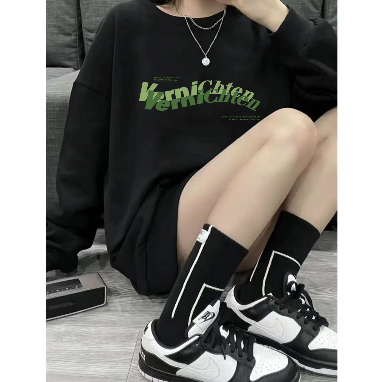 Official photo exclusively for Tmall [Chinese cotton composite silver fox velvet] autumn and winter trendy brand letter round neck sweatshirt