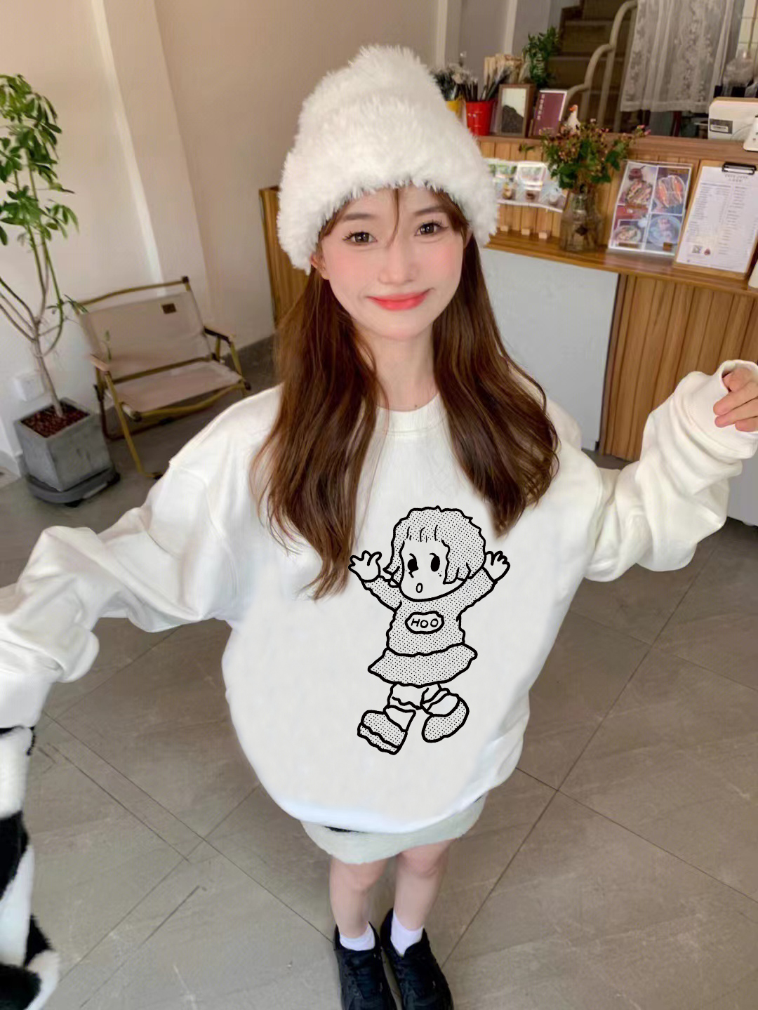 Official photo exclusively for Tmall [Chinese Cotton Composite Silver Fox Velvet] New Fun Printed Round Neck Sweatshirt