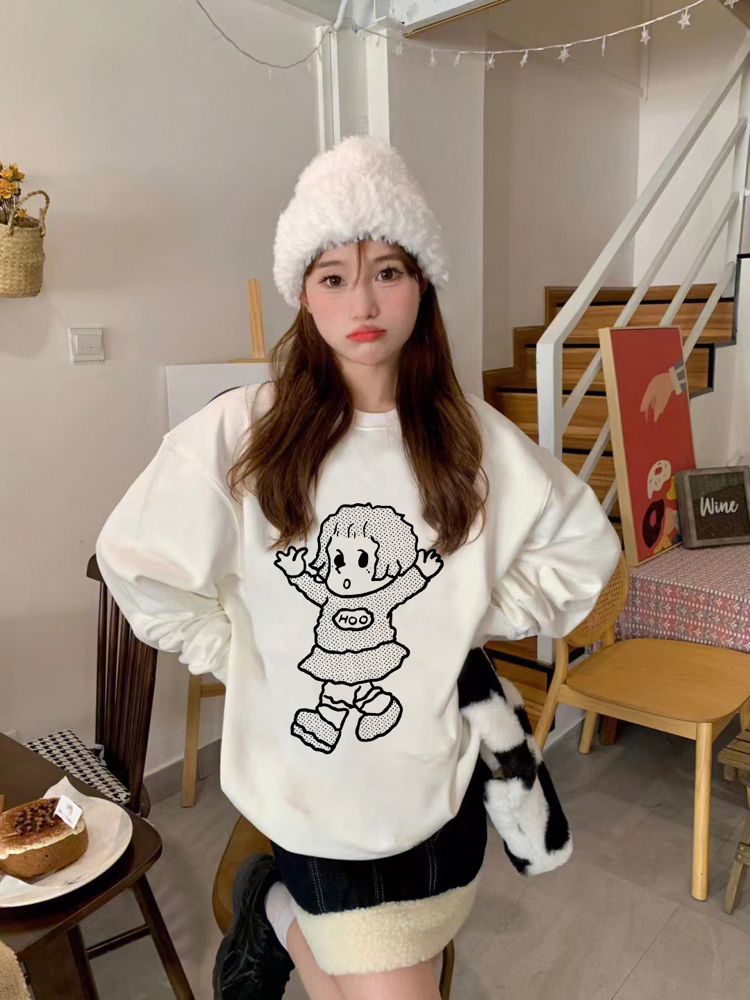 Official photo exclusively for Tmall [Chinese Cotton Composite Silver Fox Velvet] New Fun Printed Round Neck Sweatshirt