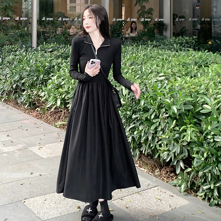 秋季新款长袖修身显瘦黑色连衣裙设计感半拉链甜酷长裙子