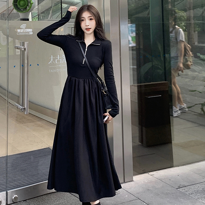秋季新款长袖修身显瘦黑色连衣裙设计感半拉链甜酷长裙子