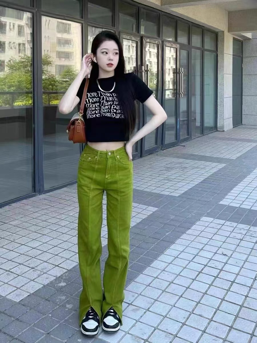 绿色牛仔裤女夏季薄款设计感小众宽松直筒高腰显瘦阔腿开叉长裤子