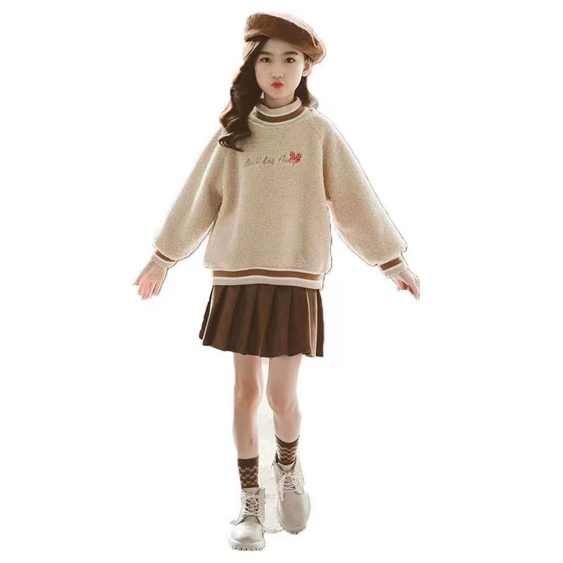 Girls winter dress  new medium and large children's wear winter thickened and velvet all-in-one sweatshirt pleated suit skirt
