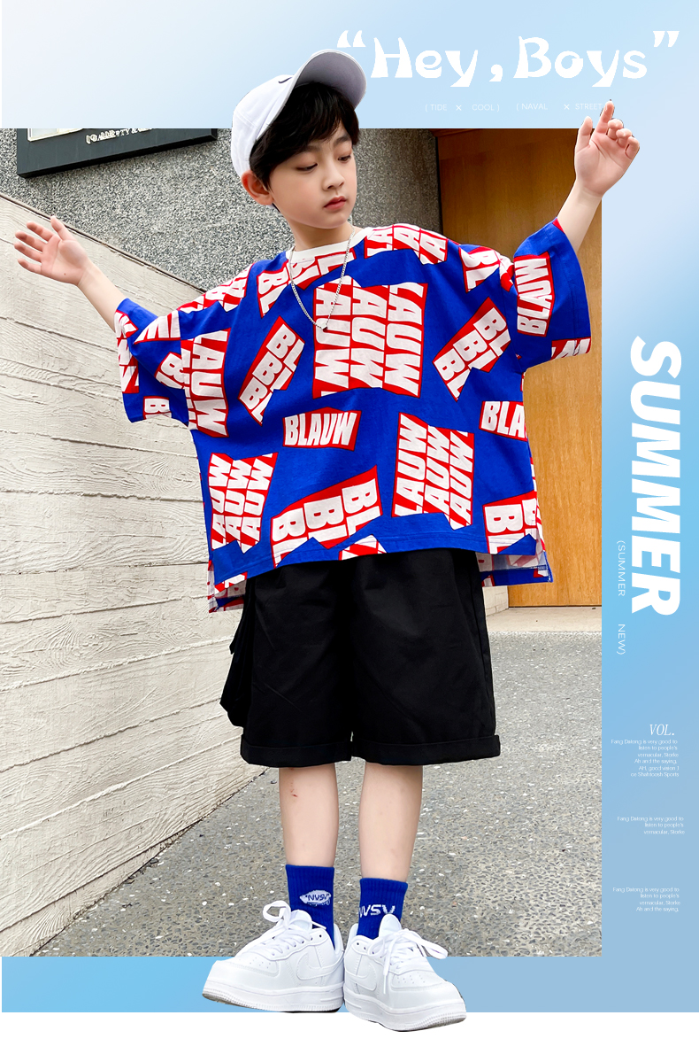 Cotton boys' summer clothes foreign style short sleeved suit 2022 new children's summer fried Street two-piece suit trendy boys' summer style