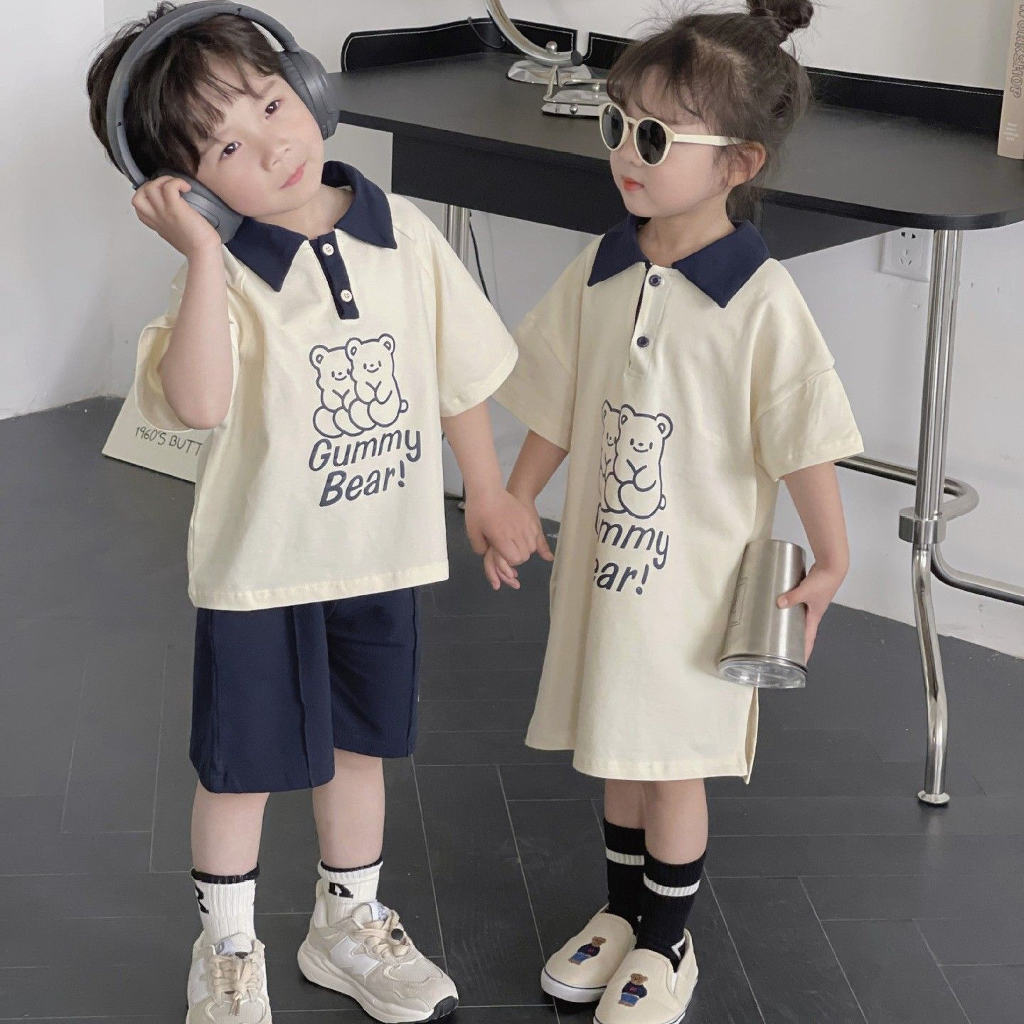 Kindergarten performance clothing children's casual POLO short-sleeved shorts suit girls bear sweatshirt skirt baby brother and sister outfit