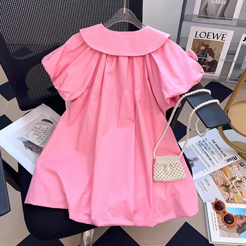 Girls Summer Shirt Dress 2024 New Style Forest Doll Collar Love Short Sleeve Puff Sleeve Skirt