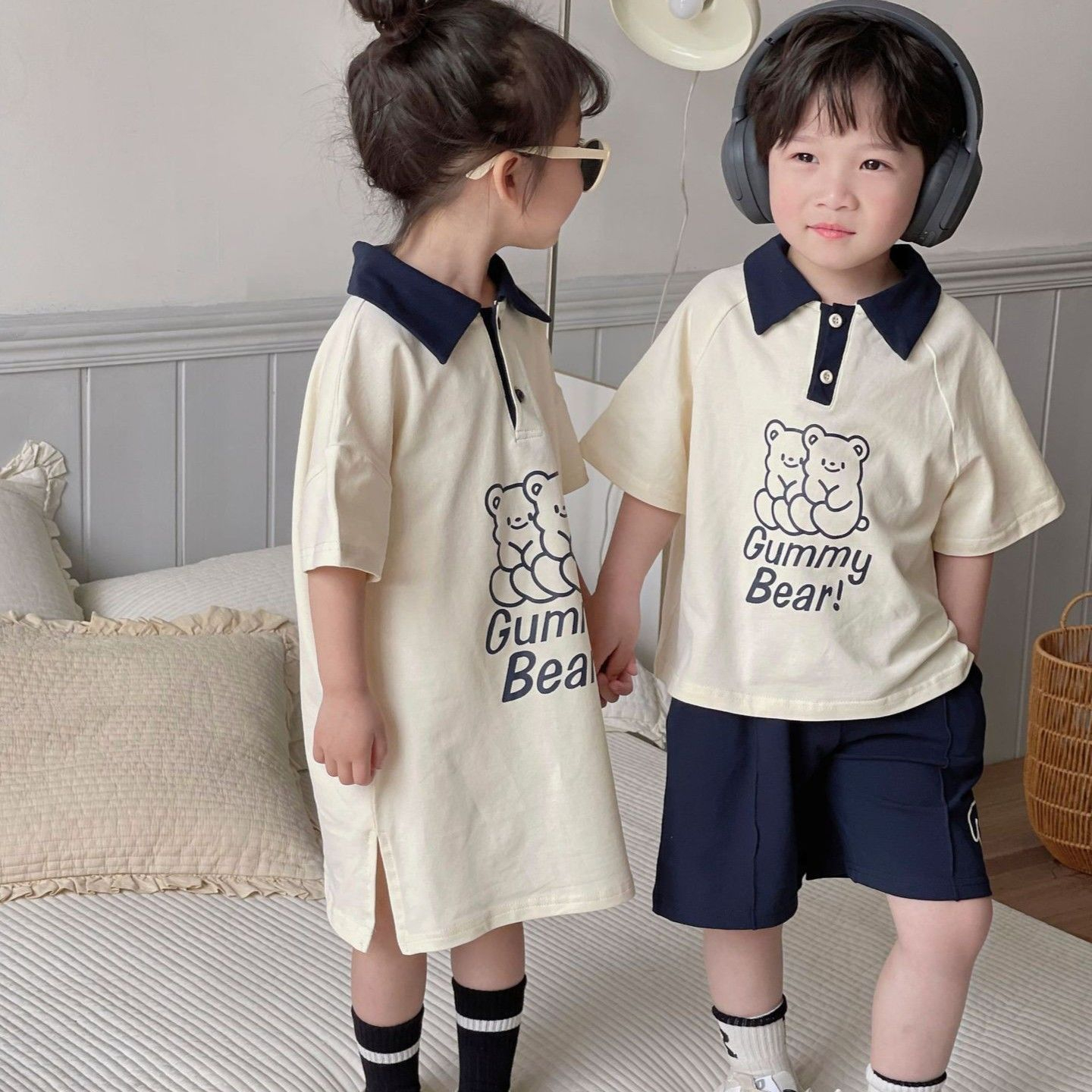 Kindergarten performance clothing children's casual POLO short-sleeved shorts suit girls bear sweatshirt skirt baby brother and sister outfit