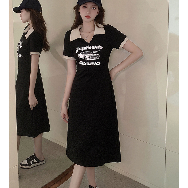 【】Polo collar college style slimming plus size women's fat MM waist A-line skirt sweet mid-length dress