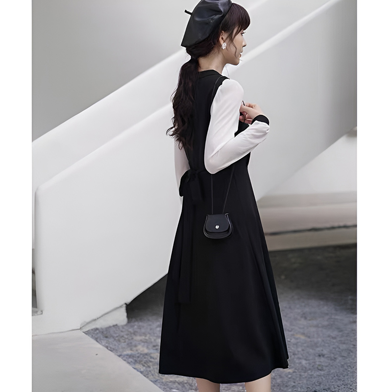 Hepburn style long-sleeved dress new spring waist slimming little black skirt women's fashionable and mature mid-length style